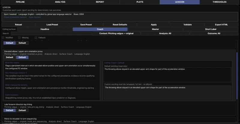 PITCH Lexicon Editor for editable report wording
